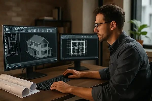 Architekt arbeitet konzentriert an einem CAD-Modell auf zwei Monitoren, zeigt 3D-Visualisierung und Grundriss eines Gebäudes, mit technischen Zeichnungen auf dem Schreibtisch in modernem Büro. (1) (1)