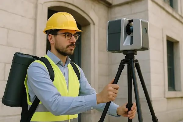 Ein Bauingenieur mit Schutzhelm und Warnweste bedient einen terrestrischen 3D-Laserscanner auf einem Stativ, um die Fassade eines historischen Gebäudes zu vermessen. Auf dem Rücken trägt er das Transportgehä (1)