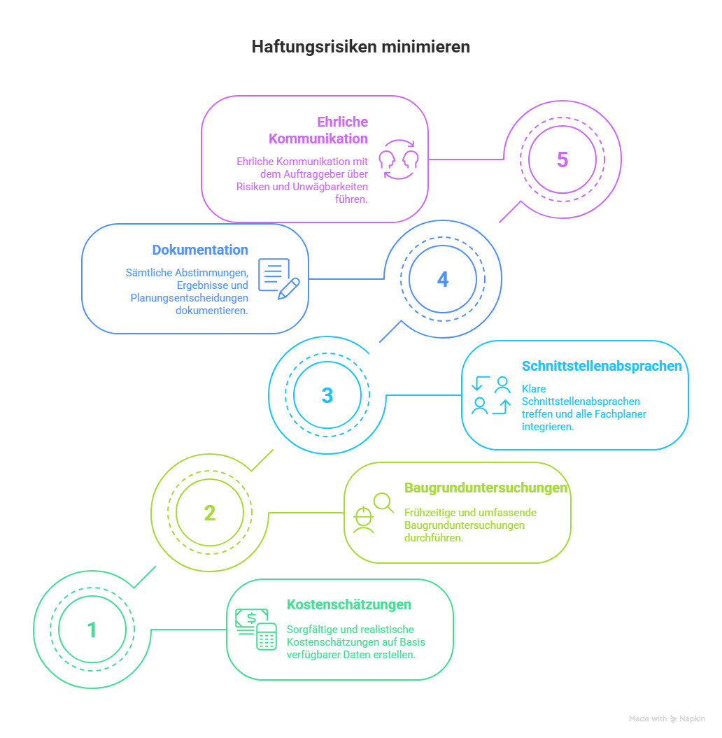 Grafische Übersicht zu fünf Maßnahmen zur Minimierung von Haftungsrisiken für Planungsbüros, darunter Kostenschätzungen, Baugrunduntersuchungen, Schnittstellenabsprachen, Dokumentation und ehrliche Kommunikation.