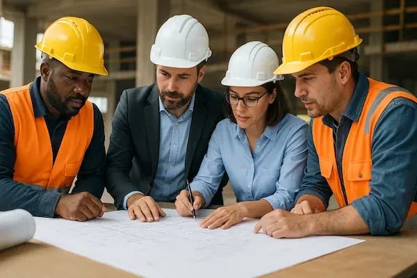 Vier Personen aus Architektur, Ingenieurwesen und Bauausführung besprechen gemeinsam Baupläne auf einer Baustelle – zwei tragen orange Warnwesten und gelbe Helme, zwei tragen blaue Hemden und weiße Helme. (1 (1)