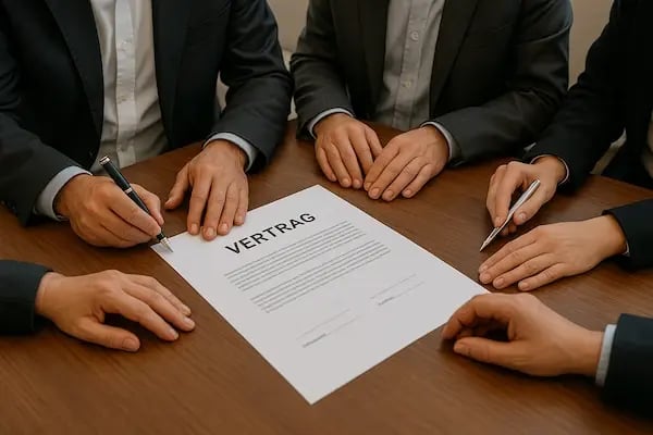 Vier Personen in Business-Kleidung sitzen an einem Holztisch und unterzeichnen gemeinsam einen Vertrag. Im Mittelpunkt des Bildes liegt das Dokument mit der Überschrift „VERTRAG“, während zwei Personen mit S (1)